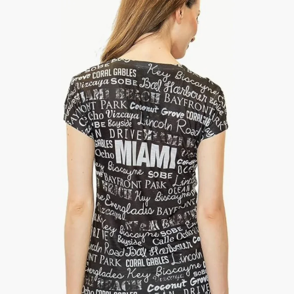 Miami V-Neck Black/White Logo Cute Fun Cities t-Shirt with Rhinestones Size XXL